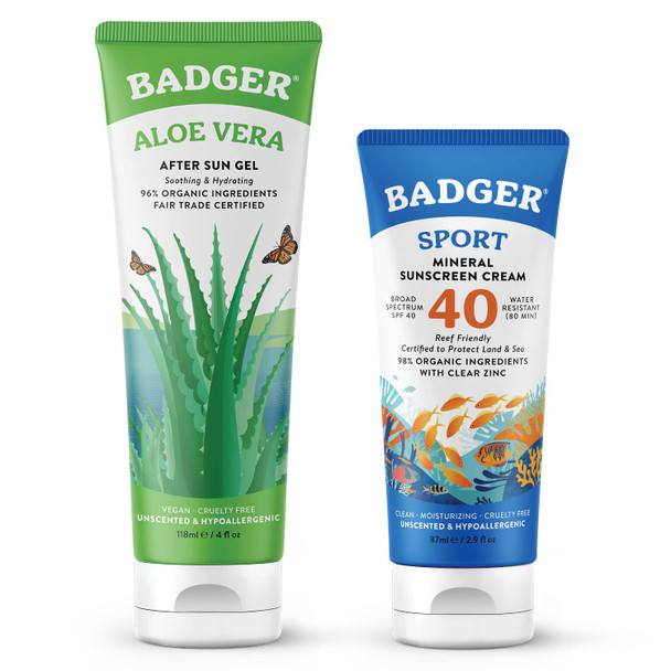 Badger SPF 40 Sport Mineral Sunscreen Cream & Organic Aloe Gel, Reef-Friendly Water-Resistant Sport Sunscreen with Zinc Oxide and Cooling and Soothing Fair Trade Organic Aloe Vera Gel