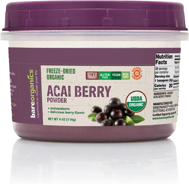 BareOrganics Acai Berry Powder, Superfood Powder, Organic Dietary Supplement, 4 Ounces