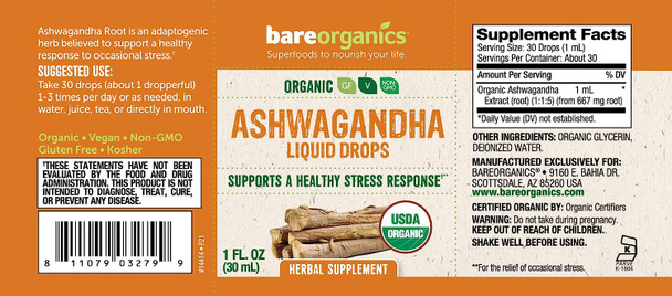 BareOrganics Ashandha Root Liquid Drops, Herbal Supplement, Organic Stress Relief Drops