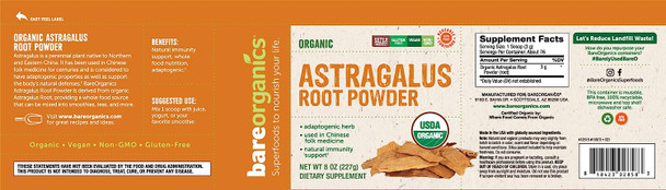 BareOrganics Astragalus Root Powder, Superfood Powder, Organic Dietary Supplement, 8 Ounce
