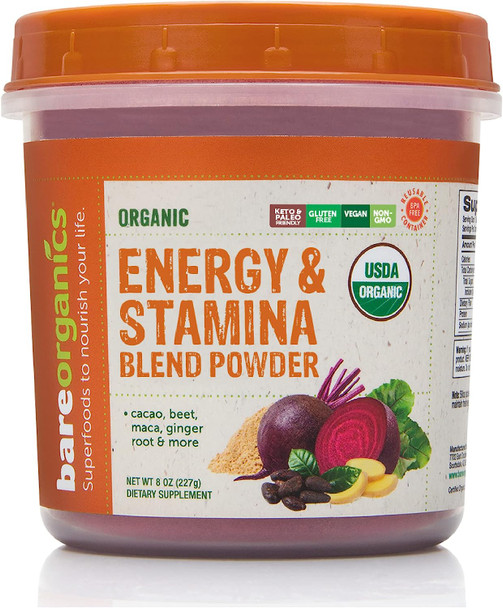 BareOrganics Energy & Stamina Blend Powder, Organic Superfood, Vegan Dietary Supplement, 8 Ounces