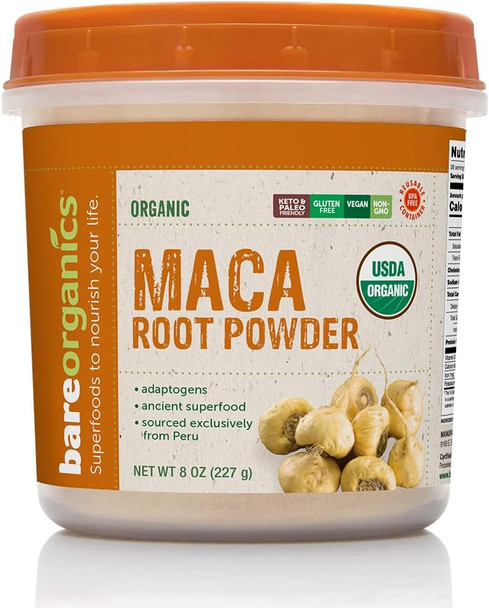 BareOrganics Maca Root Powder | Organic, Vegan, Non-GMO, Gluten-Free | Energy & Stamina Support, 8oz