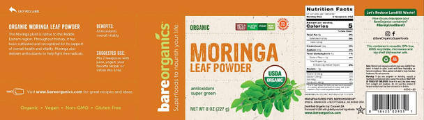 BareOrganics Moringa Leaf Superfood Powder, Organic, Vegan Supplement, 8 Ounces