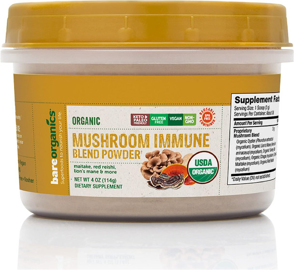 BareOrganics, Mushroom Immune Blend Powder, Organic Superfood, Vegan Dietary Supplement, 4 Ounces