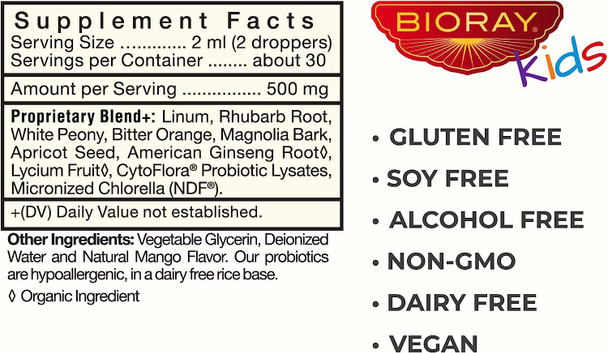 BIORAY Kids NDF Pooper, Mango - 2 fl oz - Gently Clears Accumulation & Alleviates Bowel-Related Stomach Discomfort - Non-GMO, Vegetarian, Gluten Free - 1-2 Month Supply