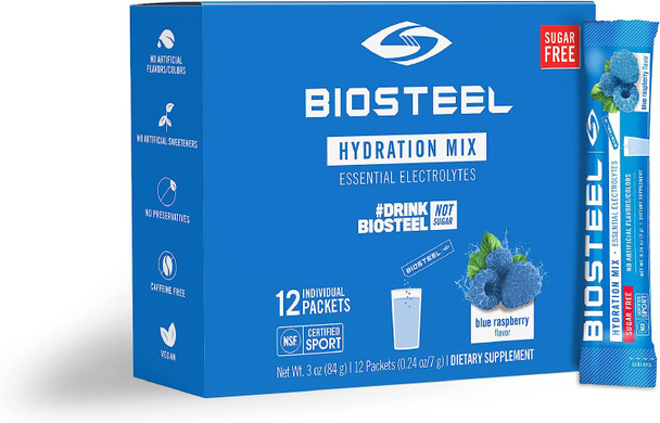 BioSteel Hydration Mix, Sugar-Free with Essential Electrolytes and B Vitamins, Blue Raspberry, 12 Single Serving Packets