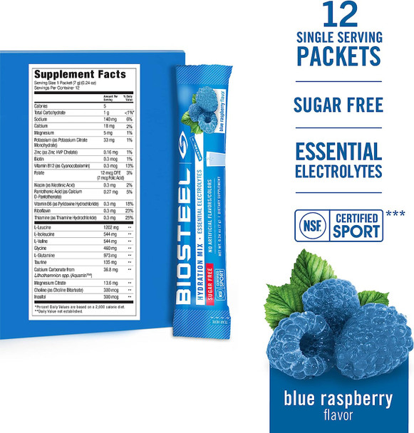 BioSteel Hydration Mix, Sugar-Free with Essential Electrolytes and B Vitamins, Blue Raspberry, 12 Single Serving Packets