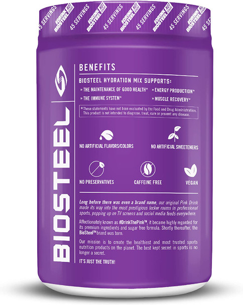 BioSteel Hydration Mix, Sugar-Free with Essential Electrolytes and B Vitamins, Grape, 45 Servings