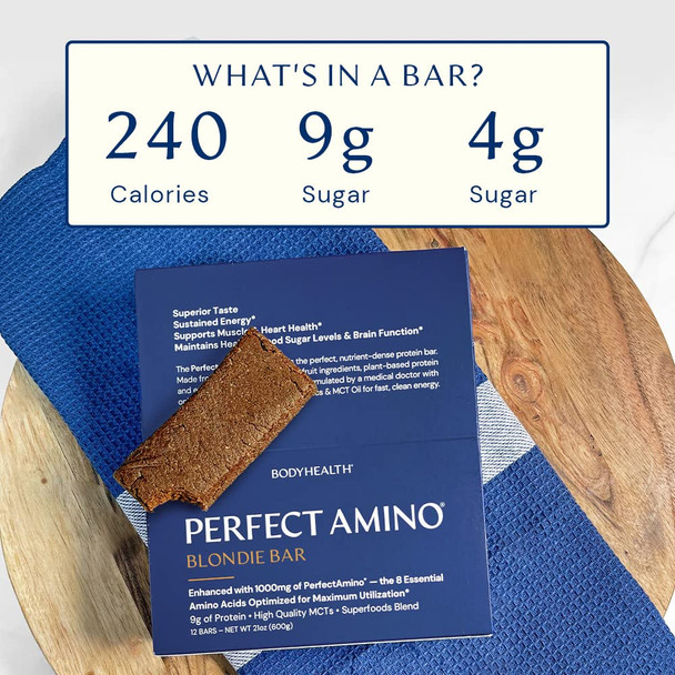 BodyHealth Perfect Amino Bar (Blondie Flavor, 12pk) : A Protein Energy Snack with 10g of protein | Plant Based MCT's | Superfood Blend | Vegan | 1000mg of PerfectAmino per bar!