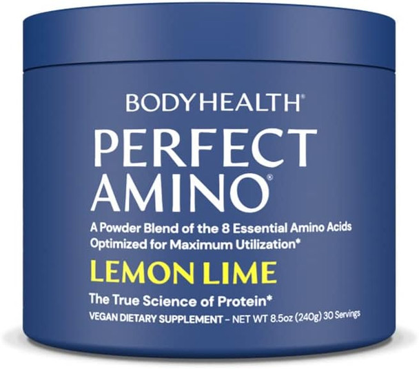 BodyHealth PerfectAmino XP Lemon Lime (30 Servings), Best Pre/Post Workout Recovery Drink, 8 Essential Amino Acids Energy Supplement with 50% BCAAs, 100% Organic, 99% Utilization (Packaging May Vary)