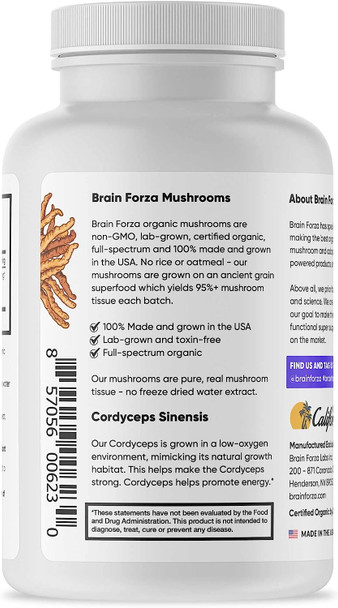 Brain Forza Organic Cordyceps Capsules, Cordyceps Sinensis Mushroom for Energy and Stamina Support, Endurance and Sports Performance, Non-GMO, Vegan, Organic, 90 Capsules