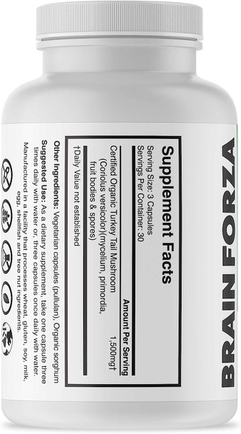 Brain Forza Organic Turkey Tail Mushroom Capsules, Mushroom Powdered Immune Support, Liver and Digest Health Support, Organic Defense Support, Non-GMO, Vegan, Organic, 90 Capsules