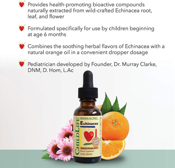 CHILDLIFE ESSENTIALS Liquid Echinacea for Kids - Immune Booster for Kids, All-Natural, Gluten-Free, Allergen-Free, Kids Echinacea Drops - Natural Orange Flavor, 1-Ounce Bottle (Pack of 3)