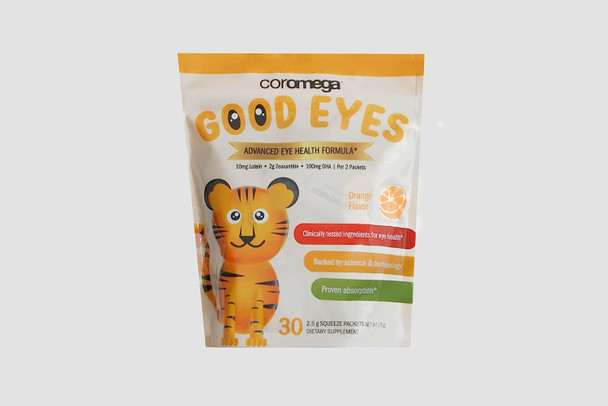 Coromega Good Eyes, Omega-3 Eye Care Supplement with Algal DHA, Lutein, and Ziaxanthin, 3X Better Absorption Than Softgels, Vegan, Orange Flavor, 30 Single Serve Squeeze Packets