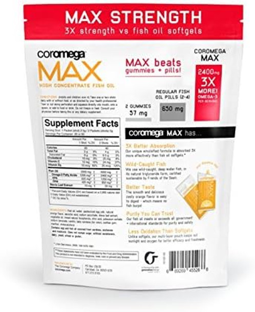 Coromega MAX High Concentrate Omega 3 Fish Oil, 2400mg Omega-3s with 3X Better Absorption Than Softgels, 60 Single Serve Packets, Citrus Burst Flavor; Anti Inflammatory Supplement with Vitamin D