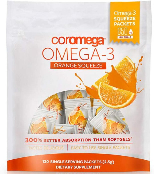 Coromega Omega 3 Fish Oil Supplement, 650mg of Omega-3s with 3X Better Absorption Than Softgels, Orange Flavor, 120 Single Serve Squeeze Packets