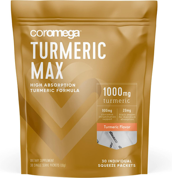 Coromega Turmeric MAX, Powerful Antioxidant for Healthy Inflammatory Response, 1000mg Per Dose, 30 Single Serve Squeeze Packets