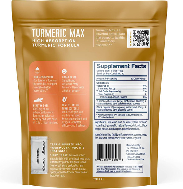 Coromega Turmeric MAX, Powerful Antioxidant for Healthy Inflammatory Response, 1000mg Per Dose, 30 Single Serve Squeeze Packets