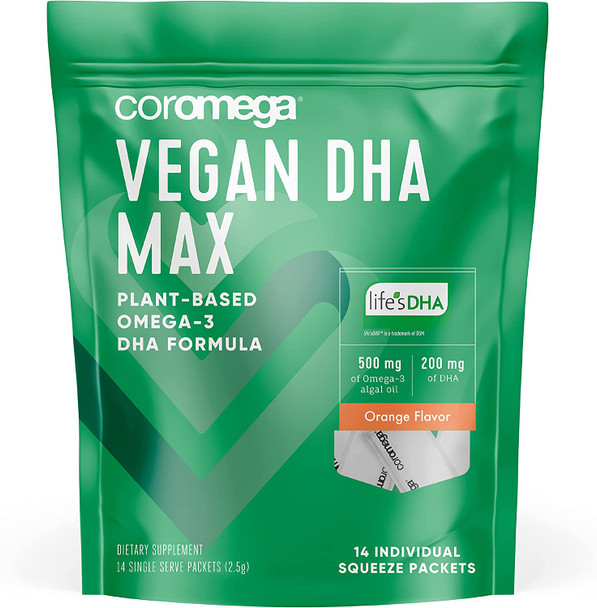 Coromega Vegan DHA, Plant-Based Omega-3 Algal Oil, Heart, Eye, Immune & Brain Health, Orange Citrus Flavor, 14 Ct