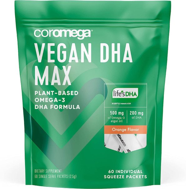 Coromega Vegan DHA, Plant-Based Omega-3 Algal Oil, Heart, Eye, Immune & Brain Health, Orange Citrus Flavor, 60 Ct