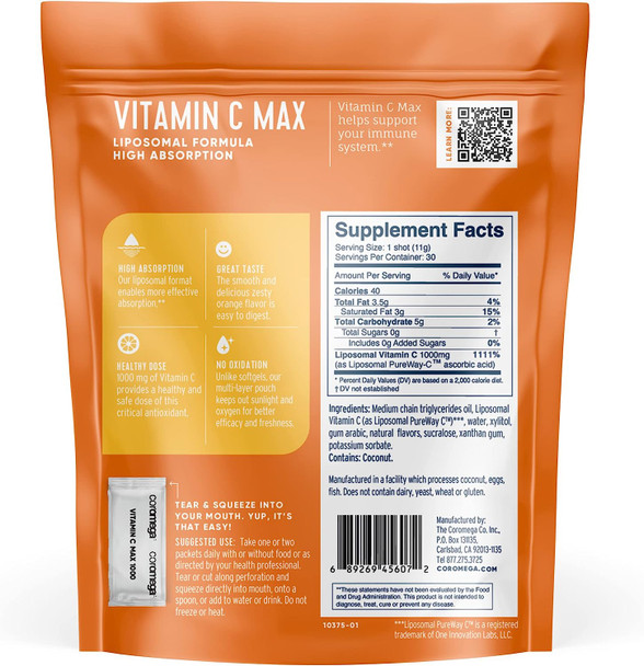 Coromega Vitamin C MAX, Powerful Antioxidant for Immune System Support, Orange Flavor, 1000mg Per Dose, 30 Single Serve Squeeze Packets