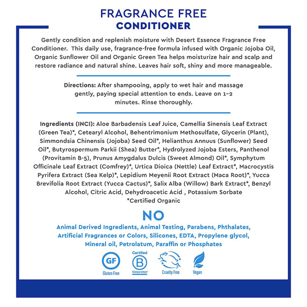 Desert Essence Fragrance Free Conditioner - Pure - 8 Fl Ounce - Pack of 4 - Gloss & Shine - Smoothes & Softens Hair - No Oil Residue - Antioxidants - Green Tea - Jojoba Oil - Vitamin B5