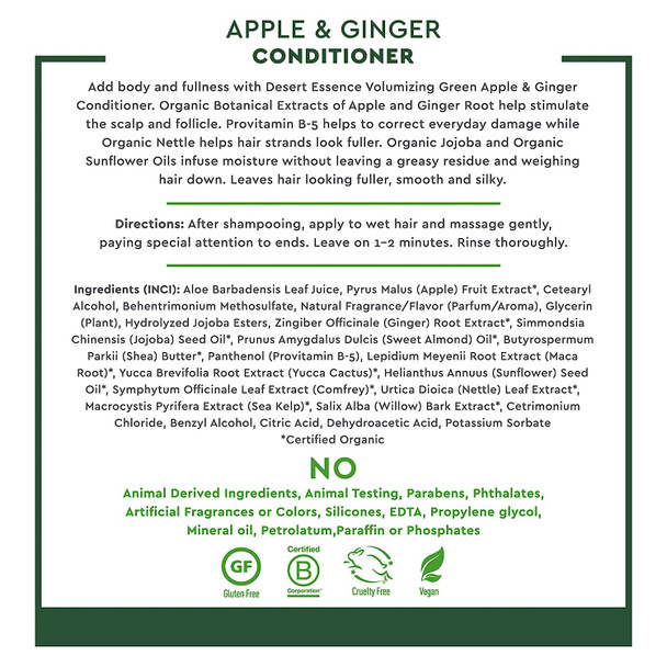 Desert Essence Green Apple & Ginger Conditioner - 8 Fl Ounce - Volume for Fine Hair - Moisturizing - Thickening - Volatizing - Extracts & Oils - Vitamins - Antioxidants - Smooth & Silky