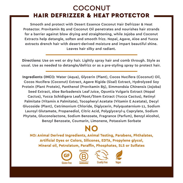 Desert Essence Hair Defrizzer & Heat Protector - 8.5 Fl Ounce - 100% Vegan - Wheat, Gluten & Silicone Free - Bouncy - Curly Hair - Coconut Extracts for Dry Scalp - Moisture Restoration - Damage Repair