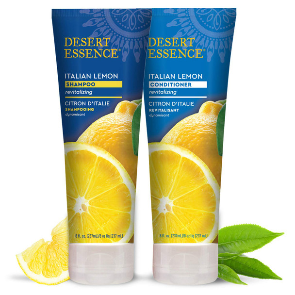Desert Essence Italian Lemon Shampoo & Conditioner Bundle - 8 Fl Ounce - Revitalizing - Aloe Vera - Vitamin B5 - Adds Volume, Shine & Strength - Hair Detangler