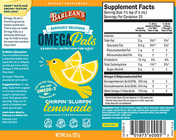 Barlean's Organic Oils Omega Pals Chirpin’ Slurpin’ Lemonade Fish Oil