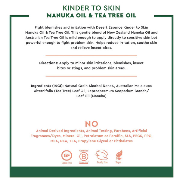 Desert Essence Kinder to Skin Manuka Oil & Tea Tree Oil, 4fl. oz. - Gluten-Free, Vegan, Cruelty Free  Tea Tree Oil & Manuka Oil Solution, Soothes Skin, Reduces Irritation, Sensitive Skin, Blemish Prone Skin, Insect Bites