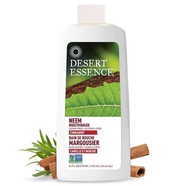 Desert Essence Natural Neem Mouthwash - Cinnamint Flavor - 16 Fl Ounce - Reduce Plaque Buildup - Tea Tree Oil - Neem Leaf Extract - Peppermint - Complete Oral Care - Refreshes Breath - Aloe