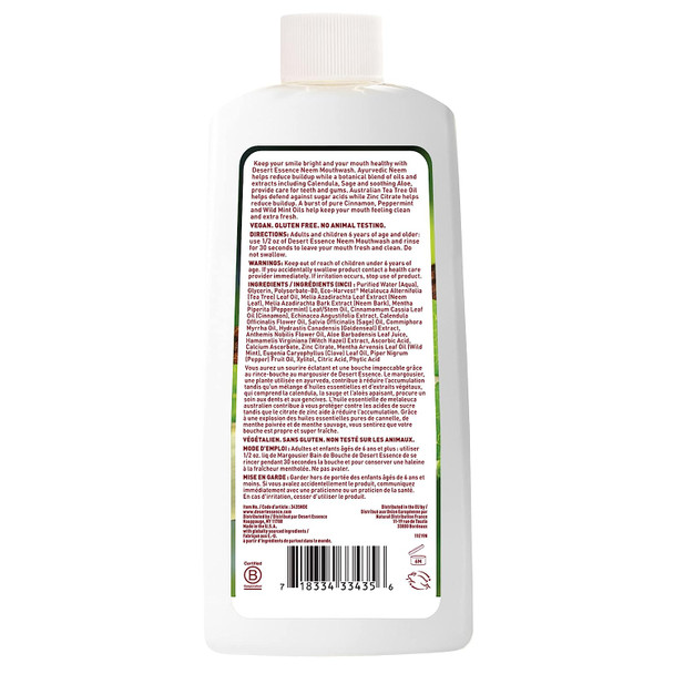 Desert Essence Natural Neem Mouthwash - Cinnamint Flavor - 16 Fl Ounce - Reduce Plaque Buildup - Tea Tree Oil - Neem Leaf Extract - Peppermint - Complete Oral Care - Refreshes Breath - Aloe