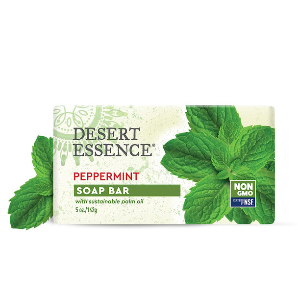 Desert Essence Peppermint Soap Bar - 5 Ounce - Pack of 2 - Cleanse & Soothes Skin - Tea Tree Oil - Aloe Vera - Jojoba Oil - Refreshing Rich Scent - Acne - Invigorating Moisturizer