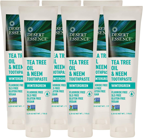 Desert Essence Tea Tree Oil & Neem Toothpaste - 6.25 Ounce - Pack of 6 - Refreshing Rich Taste - Baking Soda & Essential Oil of Wintergreen - Antiseptic - Natural Ingredients - Fluoride & Gluten Free