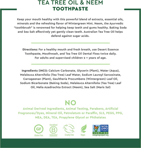 Desert Essence Tea Tree Oil & Neem Toothpaste - 6.25 Ounce - Pack of 6 - Refreshing Rich Taste - Baking Soda & Essential Oil of Wintergreen - Antiseptic - Natural Ingredients - Fluoride & Gluten Free