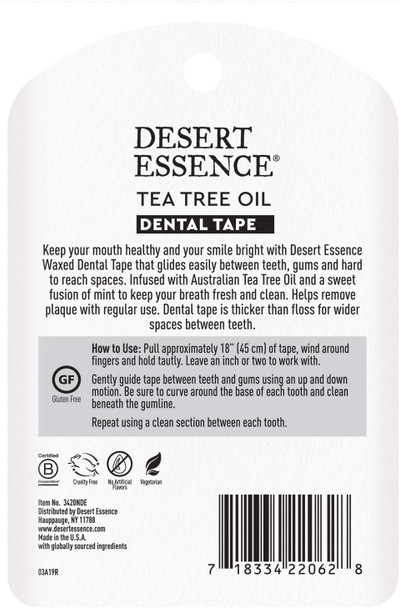 Desert Essence Tea Tree Oil Dental Tape - 30 Yards - Naturally Waxed w/Beeswax - Thick Flossing No Shred Tape - On The Go - Removes Food Debris Buildup - Cruelty-Free Antiseptic