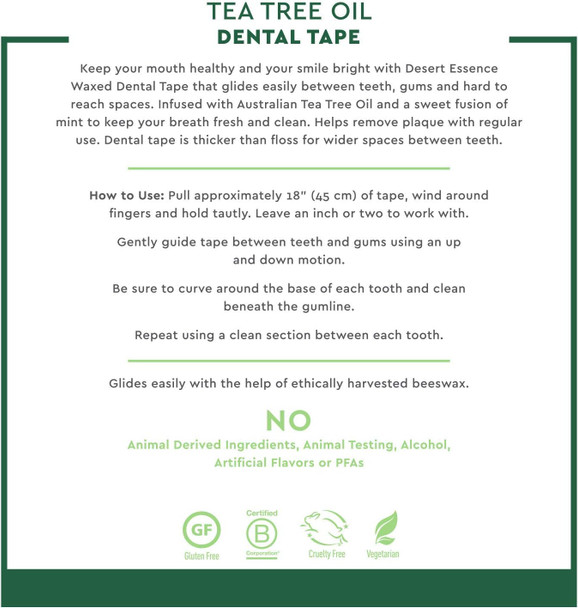 Desert Essence Tea Tree Oil Dental Tape - 30 Yards - Naturally Waxed w/Beeswax - Thick Flossing No Shred Tape - On The Go - Removes Food Debris Buildup - Cruelty-Free Antiseptic