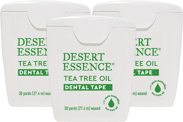 Desert Essence Tea Tree Oil Dental Tape - 30 Yards - Pack of 3 - Naturally Waxed w/Beeswax - Thick Flossing No Shred Tape - On The Go - Removes Food Debris Buildup - Cruelty-Free Antiseptic