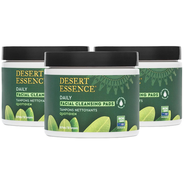 Desert Essence Tea Tree Oil Facial Cleansing Pads - 50 Count - Pack of 3 - Face Cleanser - Soothes & Calms Skin - Makeup Remover Pads - Removes Oil & Dirt - Great for Travel