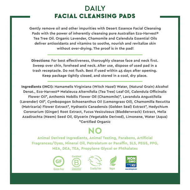 Desert Essence Tea Tree Oil Facial Cleansing Pads - 50 Count - Pack of 3 - Face Cleanser - Soothes & Calms Skin - Makeup Remover Pads - Removes Oil & Dirt - Great for Travel