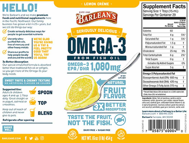 Barlean's Organic Oils Seriously Delicious™ Omega-3 Fish Oil Lemon Creme