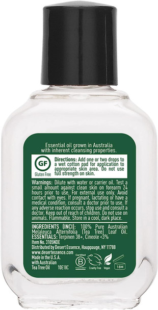 Desert Essence, 100% Australian Tea Tree Oil, 0.5 fl. oz - Gluten Free, Vegan, Non-GMO - Steam-Distilled Pure Essential Oil with Inherent Cleansing Properties