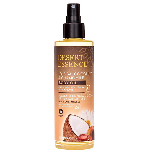 Desert Essence, Jojoba, Coconut & Chamomile Body Oil Spray, 8.28 fl. oz. - Gluten-Free, Vegan, Cruelty Free - 24hour Moisture, Soothes Skin, Perfect for Sensitive Skin, Illuminating Body Spray