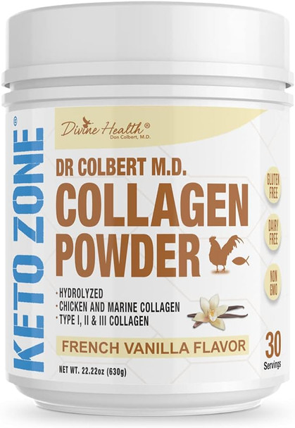 Divine Health Dr. Colbert's Keto Zone® Vanilla Collagen Powder | Includes Marine Collagen | Non-GMO | Gluten Free | 630g |