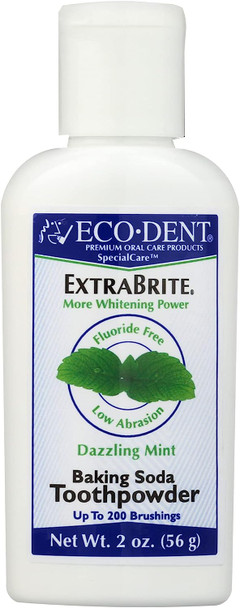 Eco-Dent ExtraBrite Vegan Tooth Powder, Low Abrasion Tooth Whitener, Fluoride Free, Teeth Whitening Powder Toothpaste with Baking Soda, Up to 200 Brushings, Dazzling Mint, 2 Oz