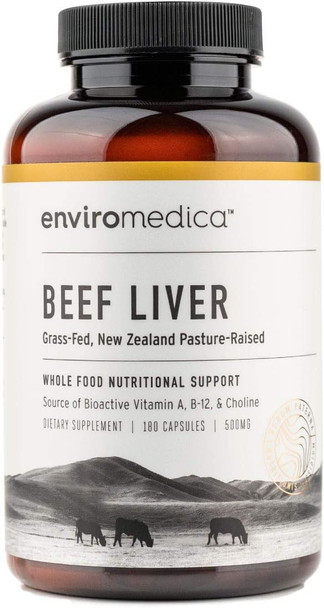 Enviromedica Freeze Dried Beef Liver Natural Energy Supplement Capsules of Pure Grass-Fed, Pastured, New Zealand Bovine with Preformed Vitamin A (180ct)