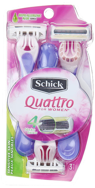 Schick Quattro for Women Disposable Razors for Sensitive Skin, 3 Count, Pack of 2