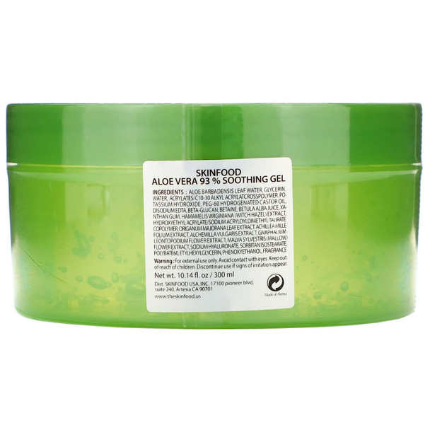 SKINFOOD Aloe Vera 93% Soothing Gel 10.1 fl.oz. (300ml) - Hydrates & Heals Dry Skin - Sunburn Relief, Razor Bumps, Rash & Dandruff Relief - Aloe Vera Gel for Face and Body