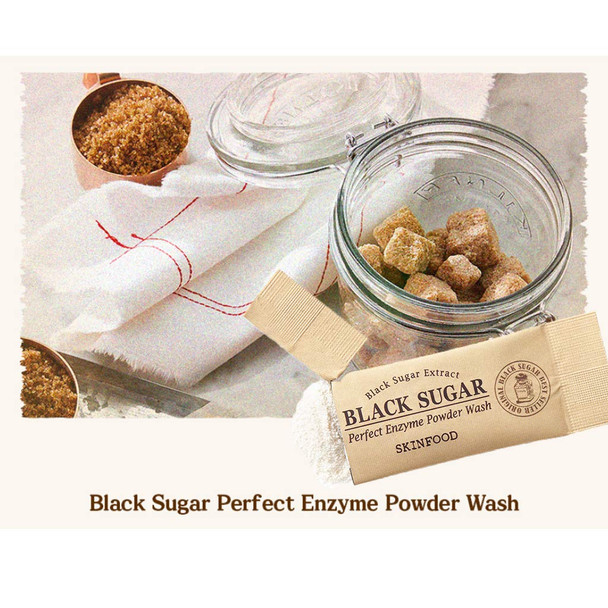 SKINFOOD Black Sugar Perfect Enzyme Powder Wash 1.2g 30ea - Mild PHA Peeling Powder Wash with Papain Enzyme, Hypoallergenic Moisturizing Deep Pore Cleansing, Exfoliating & Purifying